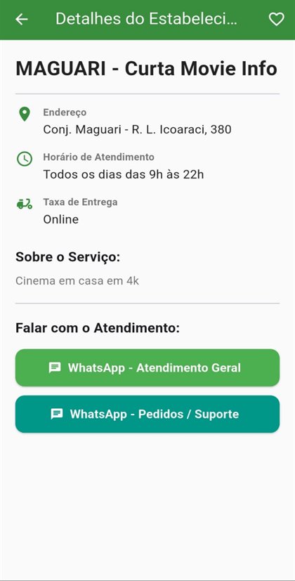Detalhes do estabelecimento com endereço, horário e botões de WhatsApp.