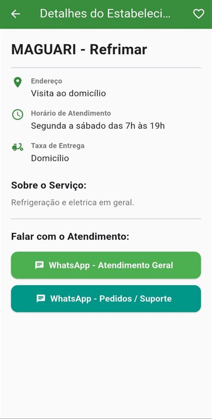 Ficha de um serviço que atende a domicílio, com horário e canais de WhatsApp.