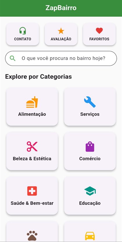 Tela inicial do ZapBairro com a busca e as categorias Alimentação, Serviços, Beleza & Estética e Comércio.
